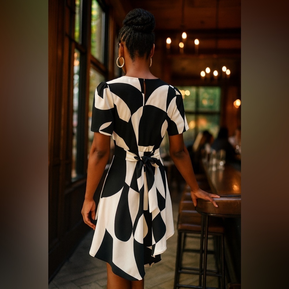 New York & Company Graphic Black White Abstract High Low Tie Dress EUC M #889 - Picture 2 of 7